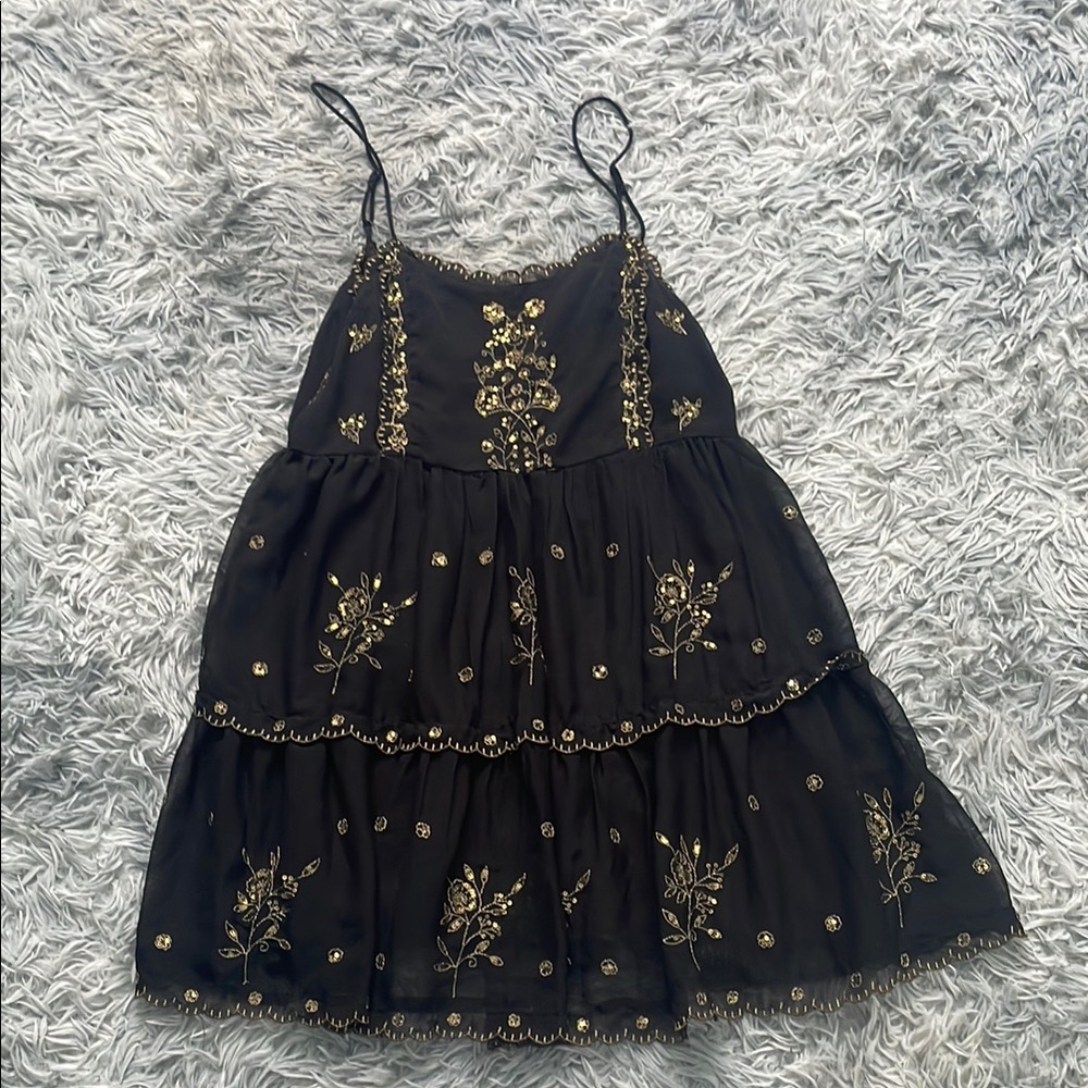Black Dress with Gold Embroidery - Urban Outfitters